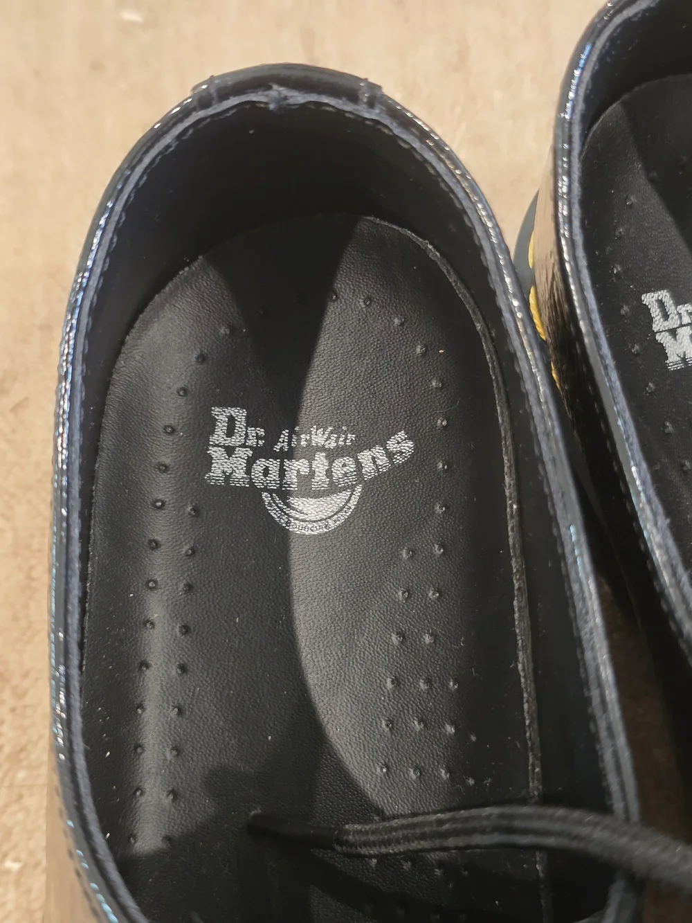Dr. Martens Black Patent Leather Lace-Up Oxfords with Yellow Stitching